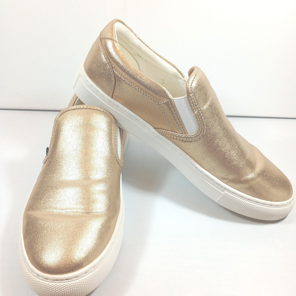J.Crew Womens 8.5 Slip On Sneakers Gold Metallic Leather Low Top Skate Shoes